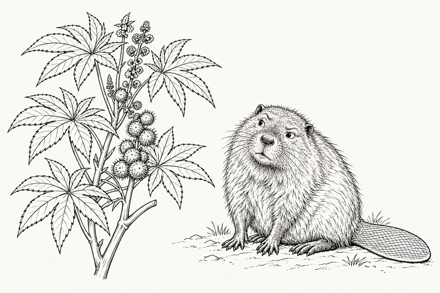 Black outline illustration of a castor oil plant with palmate leaves and seed capsules beside a puzzled beaver, its head tilted and broad flat tail visible.