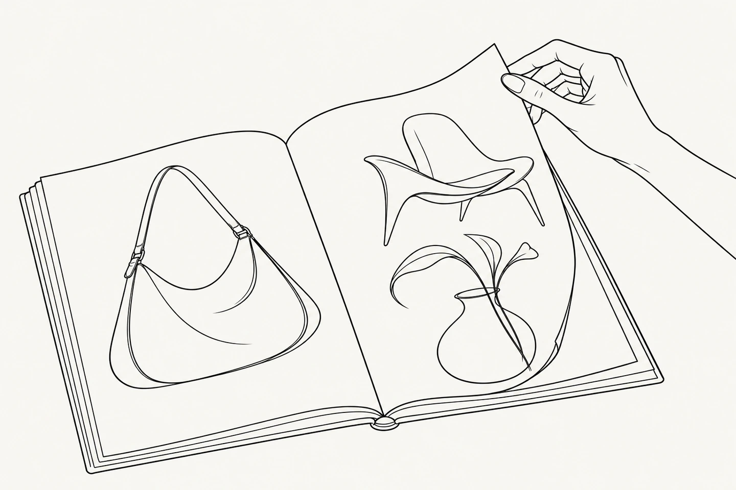 Dessin minimaliste à l’encre d’une main tournant la page d’un carnet d’archives, avec des esquisses de sac, de chaise et de vase.