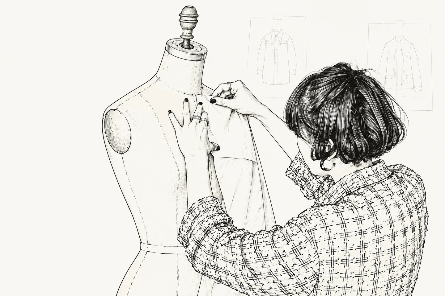 Black outline illustration of a woman seen from the side and behind, pinning muslin onto a dress form, with faint garment sketches on an ivory background.