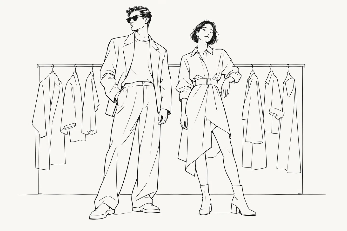Dessin au trait de deux silhouettes de mode devant un portant de vêtements espacés.