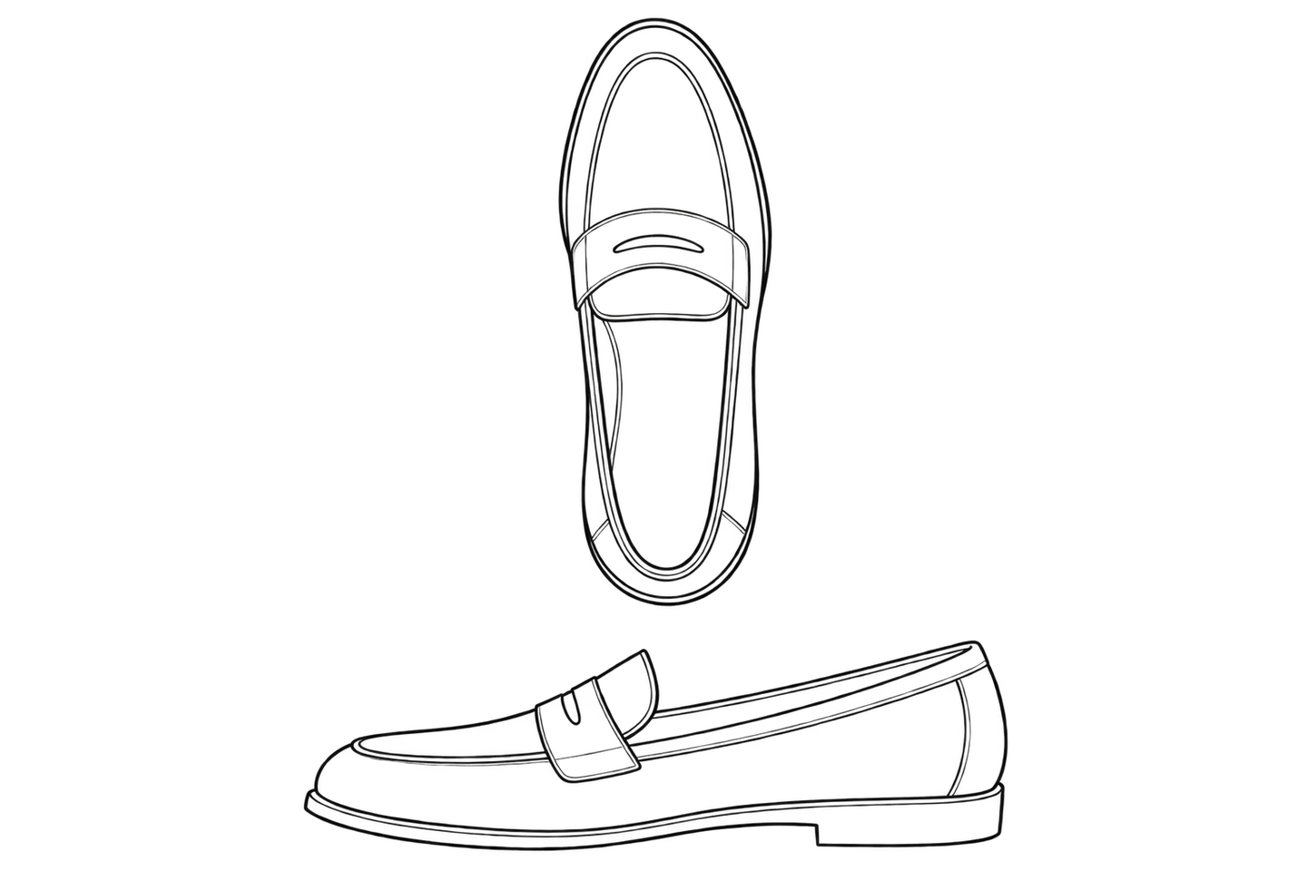 Étude au trait de mocassins sans marque en deux vues séparées : une chaussure vue de dessus et l’autre de profil, avec des barrettes simples et des bouts arrondis.