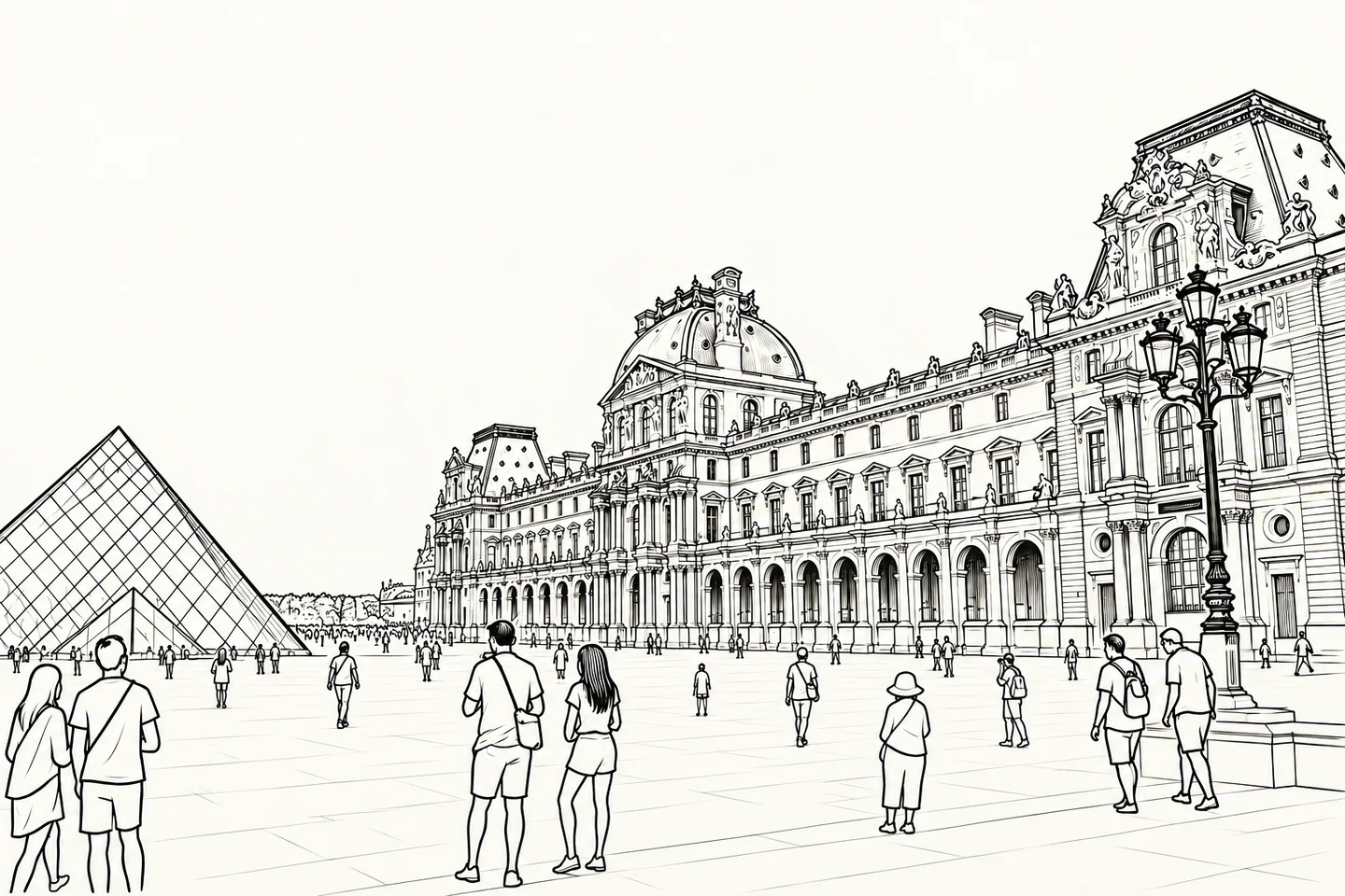 Desenho a traço do pátio do Louvre, com a pirâmide de vidro, a fachada do palácio e visitantes dispersos.