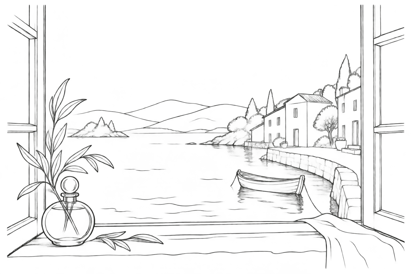 Outline illustration of an imagined waterfront seen through an open window, with a plain perfume bottle, leaves, a moored boat and distant hills.