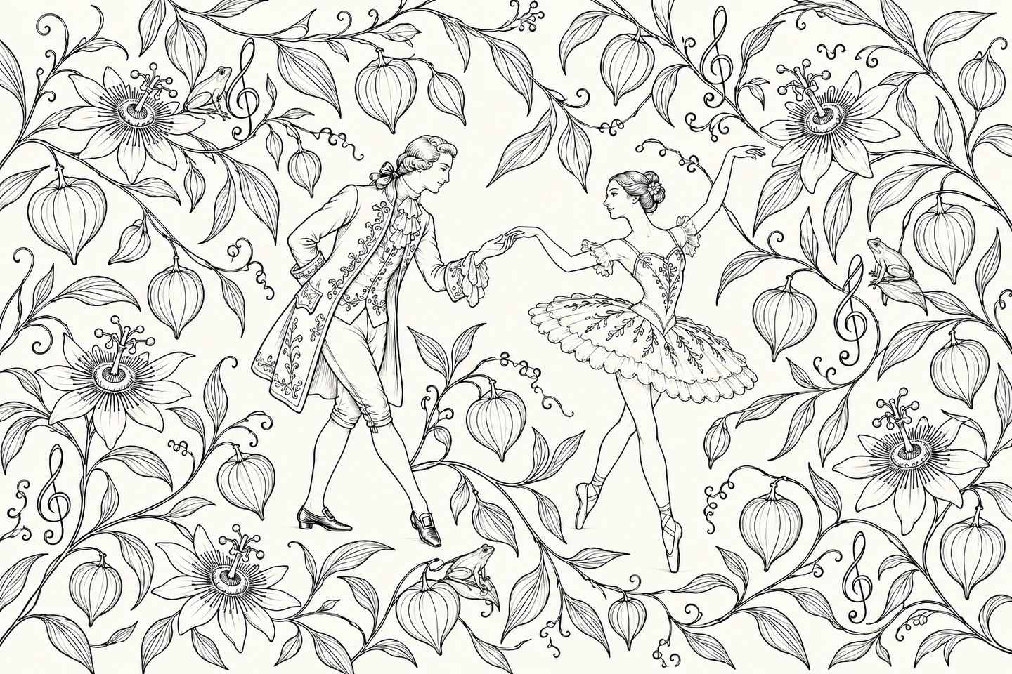 Illustration originale au trait d’un gentilhomme courtisant une ballerine sur pointes, entourés de passiflores, de physalis, de clés de sol et de trois grenouilles discrètes.