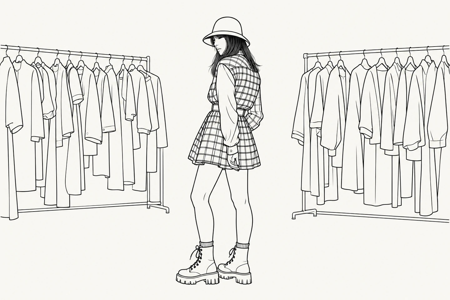 Desenho a traço preto de uma mulher de chapéu e vestido xadrez, em pé entre araras de roupas.