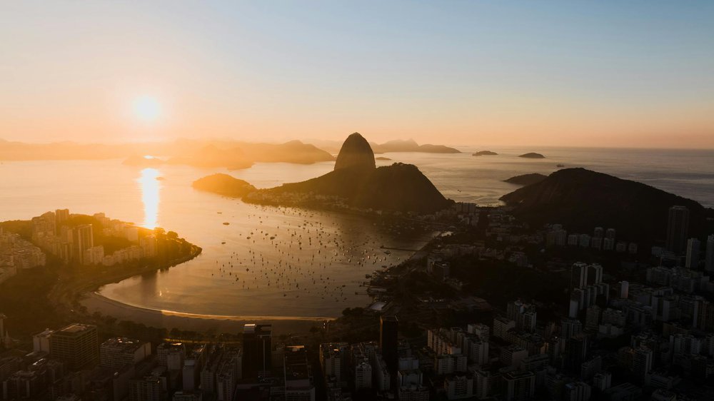 drone shot of the guanabara bay and the sugarloaf mountain in rio de janeiro brazil at sunset